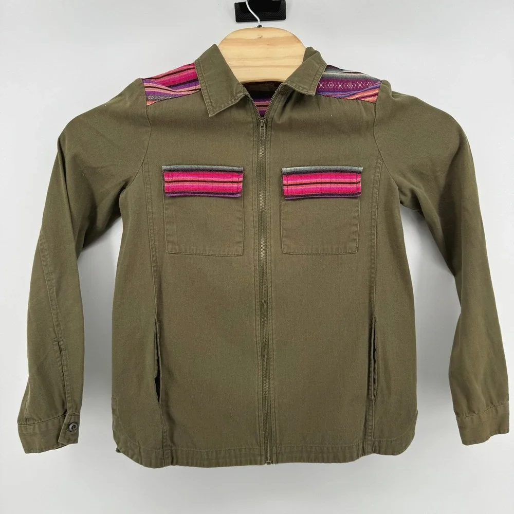 Altar'd State Utility Jacket Small Olive Military Green Serape Striped Trim Zip